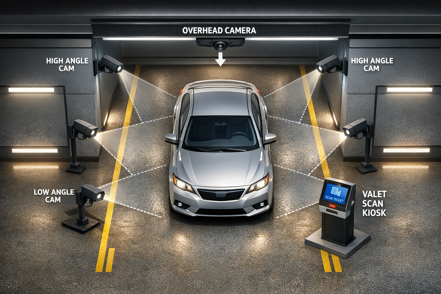 Vehicle inspection station — overhead camera, high angle cameras, low angle camera, valet scan kiosk